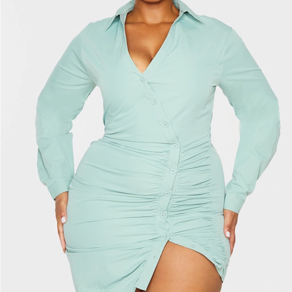 Pretty Little Thing Green Ruched Shirt Dress